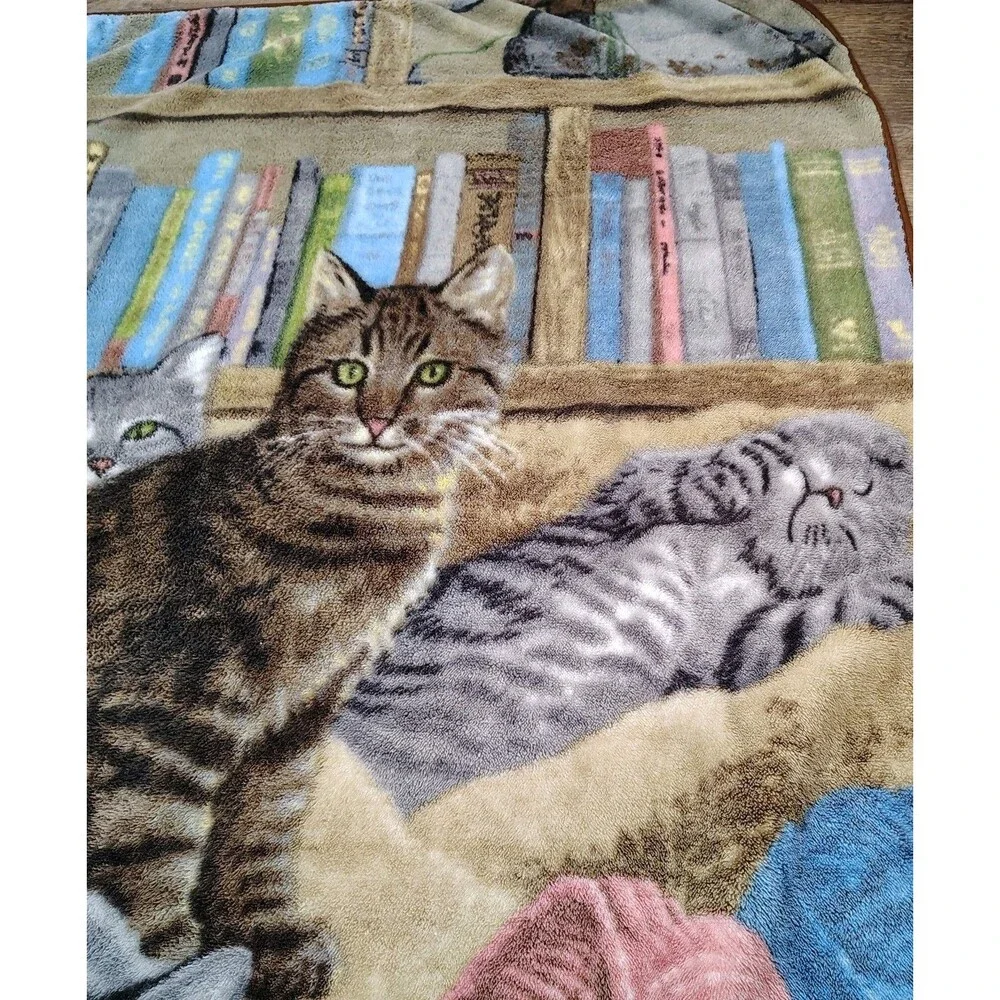 Cat Throw Blanket Plush Soft Books Yarn Cottagecore Crazy Cat Lady Cozy Cottage